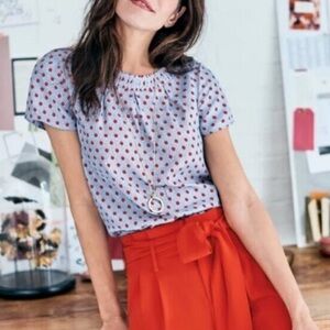 Boden Carey Polka Dot Blouse Blue Red Short Sleeve Top Size US 2 UK 6 Retro